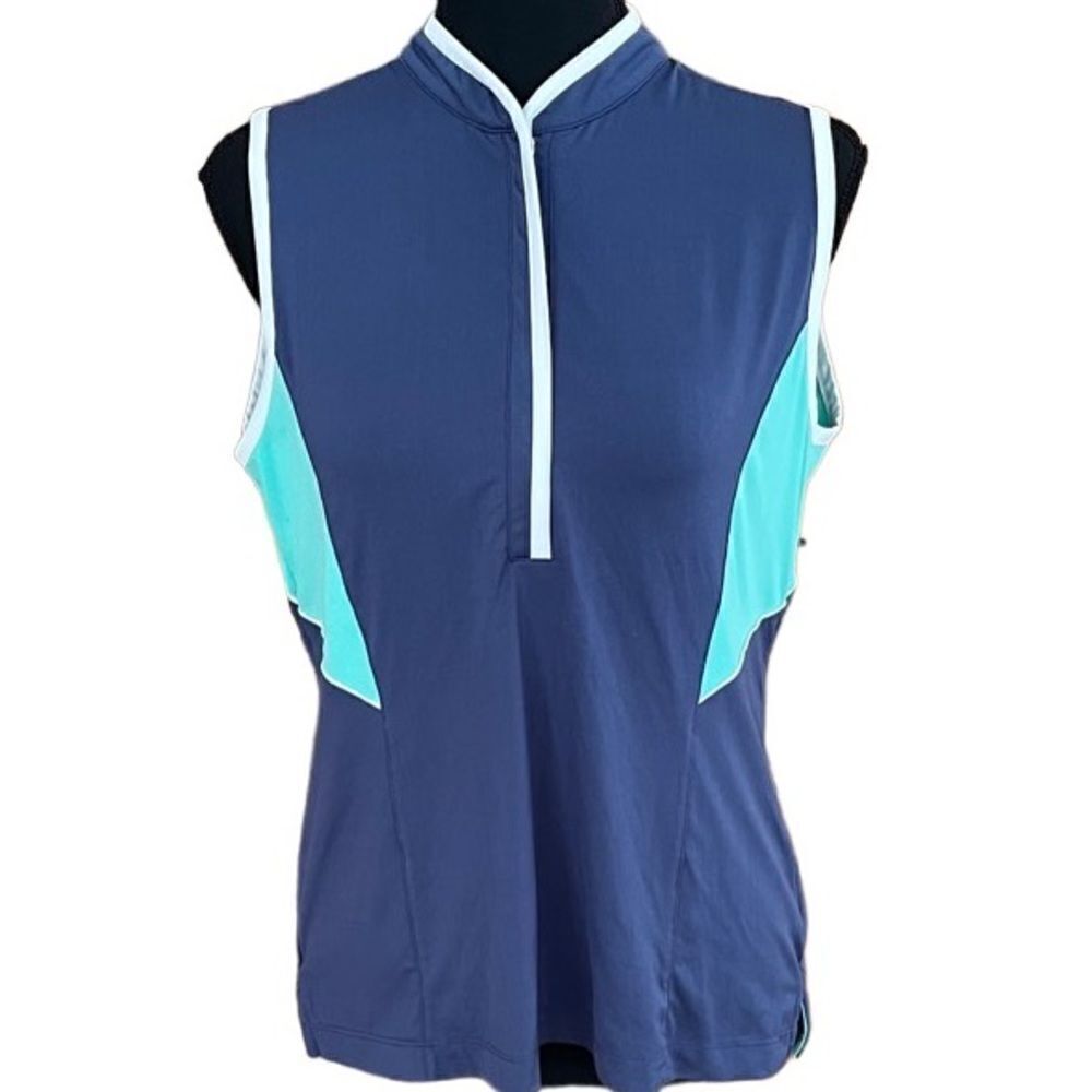 Zero Restriction blue/white/green half zip front polyester & spandex top size M